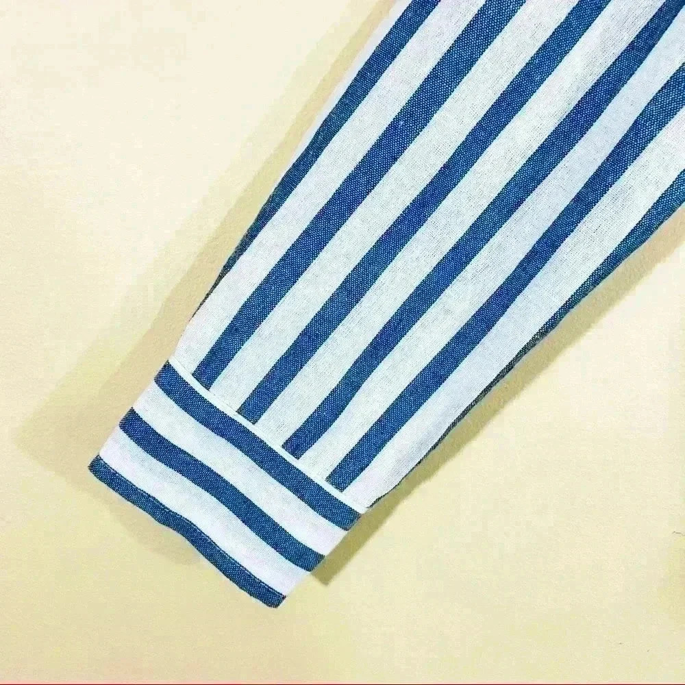 Miss Love Blue/White Stripe Collared Long Sleeve Button Down Tie Crop Top (S) - Picture 5 of 12